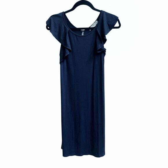 LOFT NWT Navy Blue Shift A Line Dress Flutter Slv Ruffle Sz XS Stretchy - Picture 1 of 5